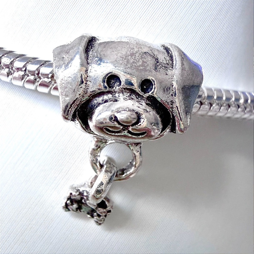 Pandora-like Bead Charm Fits Snake Chain Bracelet Dog Bone Silver Tone